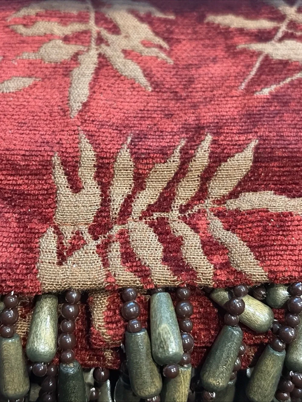 Fossil Beaded Valance in Deep Red with Olive Accents